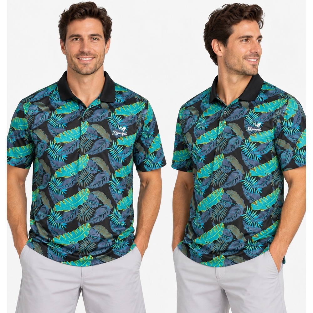 Monterey Club Kaanapali Men's Large Black Palm Leaves Golf Hawaiian Polo Shirt
